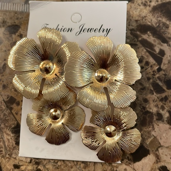 Gold Double Flower Drop Earrings - Picture 7 of 9